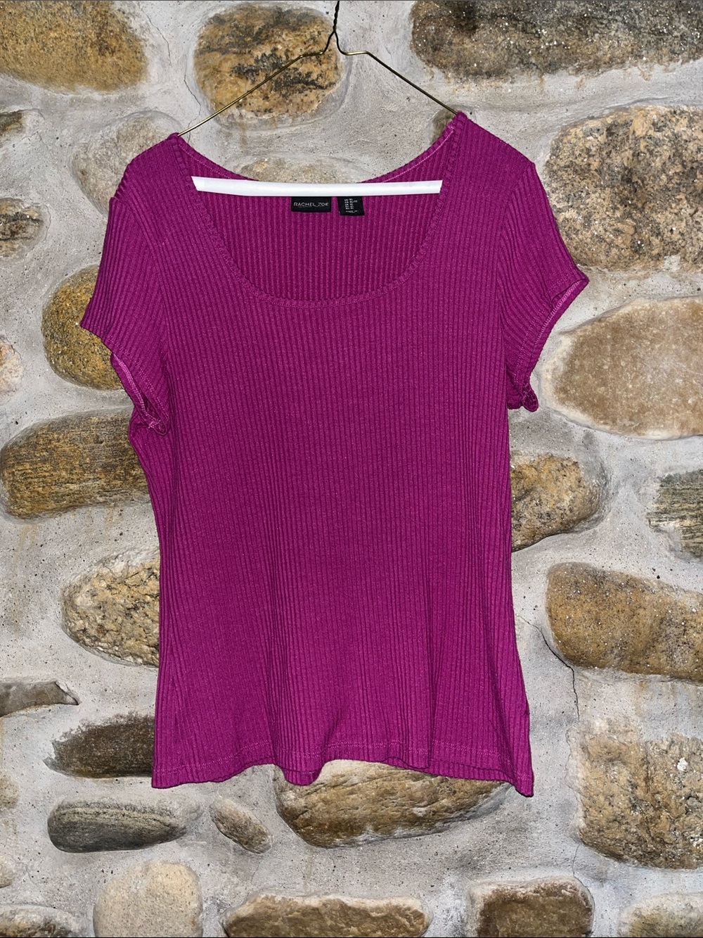 Rachel Zoe Magenta Ribbed Short Sleeve Scoop Neck Tee